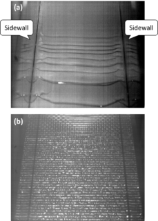 Frontal view on the gravity-driven film flow of the silicon oil over a flat incline (a) and over the bottom corrugations (b) at otherwise identical parameters. Flow is from top to bottom. Dark horizontal lines in (a) are travelling surface waves; short, bright vertical lines in the upper part of (b) are due to steady three-dimensional surface pattern (Al-Shamaa et al., 2023)